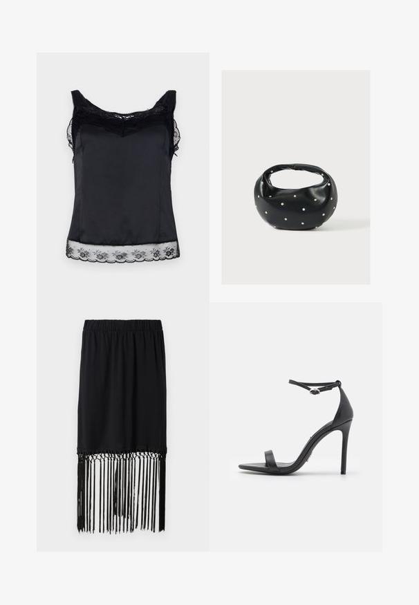 Schwarzes Satin-Cami mit Spitzenakzenten am Ausschnitt und Saum. Hat eine glatte Textur und verstellbare Träger, mit floralen Spitzenverzierungen.; Schwarzer Rock mit elastischem Bund und fransigem Saum. Die Fransen bestehen aus dünnen Schnüren, die dem Design Textur und Detail verleihen.; Schwarze High Heels Sandalen mit offener Zehe, dünnen Riemen und Knöchelverschluss. Glatte Ledertextur mit spitzem Zehendesign.; Schwarze Lederhandtasche mit abgerundeter Form, verziert mit silbernen Nietenakzenten und kurzem Griff. Glatte Struktur und Reißverschlussverschluss.