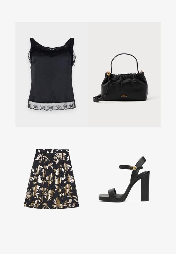 Camisole en satin noir avec des accents en dentelle sur le décolleté et l'ourlet. Possède une texture lisse et des bretelles ajustables, avec des détails en dentelle florale.; Anna Field by Zalando Jupe trapèze - black; Sandal à talons hauts noirs en cuir lisse, avec une large lanière à l'avant, une lanière de cheville avec une boucle dorée et un talon carré épais.; Sac à main en cuir noir avec un haut froncé, une courte poignée et une bandoulière amovible. Présente un accent logo en or et une texture lisse.