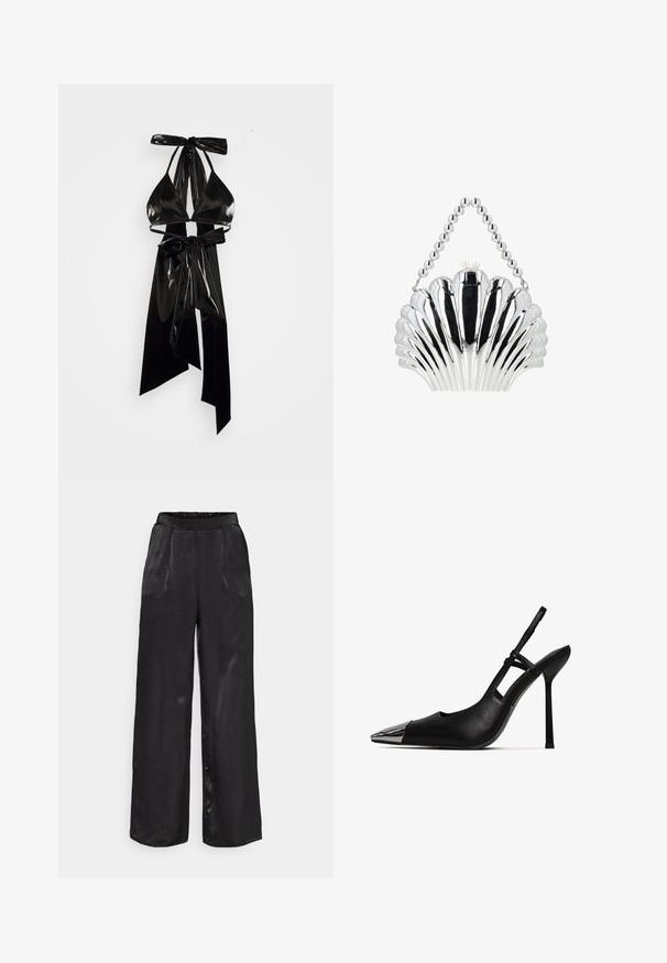 ÚCHÈ By Amber BOWKINI - Top - black; Brede zwarte broek met een gladde, satijnen textuur. Voorzien van een elastische tailleband en twee voorzakken. Tailored plooien verbeteren het ontwerp.; Zwarte slingback pump met puntige neus en glanzende metalen neuskap. Beschikt over een hoge stilettohak en slanke enkelband. Gladde leren textuur.; Zilveren handtas in de vorm van een schelp met een sluiting met twee kleine parels en een handvat van ronde zilveren kralen.