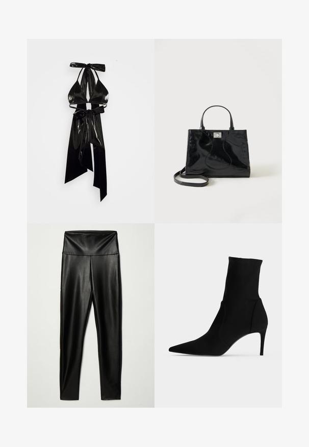 ÚCHÈ By Amber BOWKINI - Μπλούζα - black; Μαύρο κολάν από τεχνητό δέρμα με ψηλή μέση, διαθέτοντας λεία υφή και εφαρμοστή σιλουέτα, φτάνοντας μέχρι τον αστράγαλο.; Μαύρη μποτίνι στον αστράγαλο με μυτερή μύτη και λεπτό ψηλό τακούνι, εμφανίζεται προφίλ σε ανοιχτό φόντο. Κομψός, μινιμαλιστικός σχεδιασμός.; Μαύρη τσάντα χειρός από πατενταρισμένο δέρμα με στρογγυλεμένες λαβές, αποσπώμενο ιμάντα ώμου και ασημένιο κούμπωμα σε απλό λευκό φόντο.