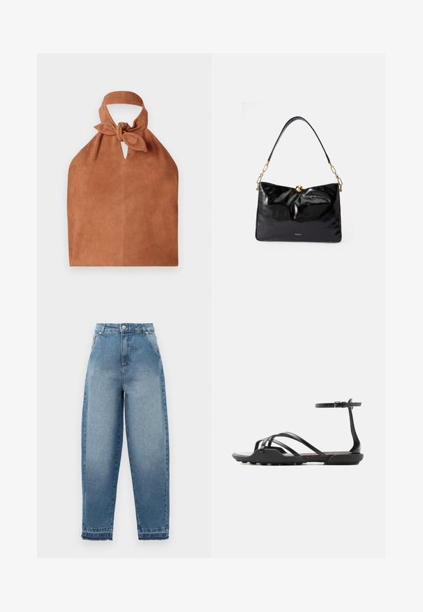 Halter-stijl tas van zacht bruin suede met een geknoopte bovenkant en een sleufvormig uitsnede. Heeft een gladde textuur en een minimalistisch ontwerp.; Lichtblauwe denim jeans met een hoge taille, losse pasvorm, vijfzakkenontwerp en rafelige zoom. Kenmerkt klassieke stiksels en een ritssluiting.; Zwarte platte sandaal met dunne bandjes over de tenen en een gesp aan de enkel, met een licht gestructureerde zool voor grip.; Zwarte leren handtas met een gladde textuur, gouden details, een gedraaide knoop en een strap met kettingaccenten. 'Furla' logo op de voorkant.