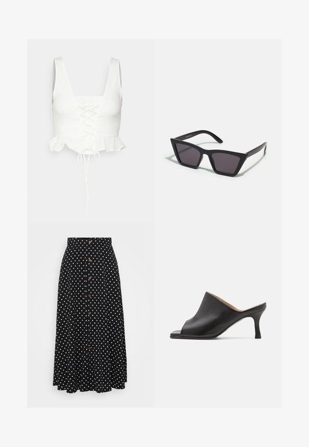 Gina Tricot Petite KARITA BLOUSE - Topp - offwhite; Mustade täppidega seelik, kõrge vöökoht, nööpide eesmine kinnitamine, põlve pikkus, valmistatud sileda tekstuuriga ja peene langevusega kangast.; Selected ASHLEY - Kontsaga tagant lahtised kingad - black; Mustad mustrakellad, millel on hallid šabloonid; valmistatud plastist, paksude ja siledate kätega, ilma nähtava riistvarata.