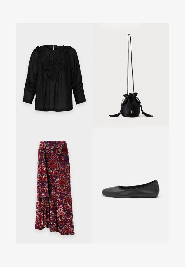 Blusa negra con escote en V con volantes, mangas tres cuartos y detalles fruncidos en los hombros, hecha de una tela suave y liviana.; Rabanne Falda larga - tapestry/navy/burgundy/red/cream; Bailarina de piel negra con punta redondeada, textura suave, detalle de costura minimalista y diseño de suela flexible.; Bolso tipo bucket negro con cordón, con una correa larga y delgada y un pequeño logo cuadrado dorado en la parte delantera, mostrado sobre un fondo liso.