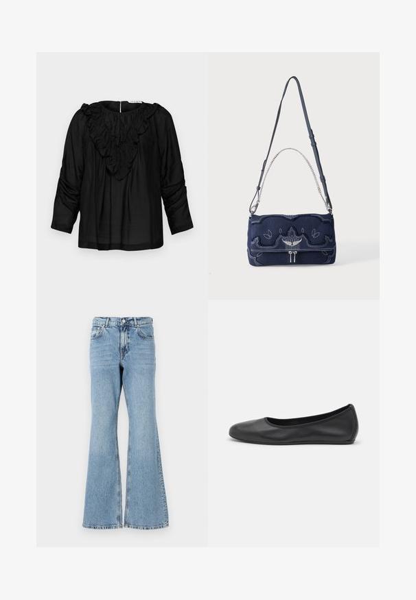 Zwarte blouse met een ruffles V-hals, driekwartmouwen en gathered details op de schouders, gemaakt van een gladde, lichte stof.; Lichtblauwe flared jeans van denim met een hoge taille, voorzien van een knoopsluiting, vijf zakken en een vervaagde wassing met subtiele whiskering.; Zwarte leren ballerina met een ronde neus, gladde textuur, minimale stikdetails en een flexibele zoolontwerp.; Marineblauwe schoudertas met decoratieve witte stiksels, zilveren kettinghengsel, verstelbare leren riem en een zilveren vogel-embleem aan de voorkant.