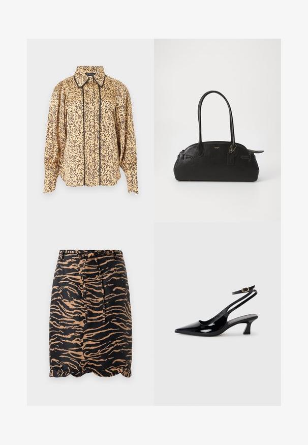 Blouse beige à manches longues avec motif abstrait noir, col pointu, boutons à l'avant et bordure noire le long de la ligne des boutons et des bords du col.; Jupe rayée noir et fauve en tissu lisse, dotée d'une taille à nouer et d'un ourlet en dentelle.; Escarpins à brides arrière en cuir verni noir, à bout pointu, avec un petit talon carré et une sangle de cheville ajustable dotée d'une boucle dorée.; Sac à main en cuir noir de forme arrondie, avec deux longues poignées, des éléments en métal doré et une petite étiquette accrochée. Fermeture zippée sur le dessus.