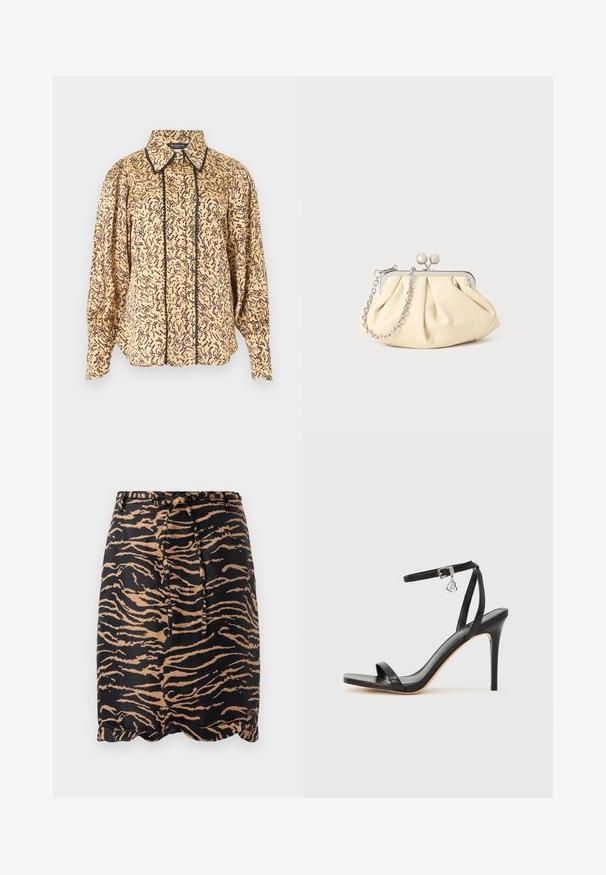 Beige Bluse mit langen Ärmeln und schwarzem abstraktem Muster, spitzem Kragen, vorne mit Knöpfen und schwarzem Besatz entlang der Knopfleiste und Kragenkanten.; Schwarzer und brauner, tigerstreifiger Rock aus glattem Stoff, mit einem Bindeband in der Taille und einem gewellten Saumdesign.; Schwarze High-Heel-Sandale mit schmalem Knöchelriemen, quadratischer Zehenbox, glattem Leder und metallischem Schnallenakzent.; Faltige beigefarbene Ledertasche mit einem silbernen Metallrahmen, ausgestattet mit zwei runden dekorativen Verschlüssen und einem silbernen Kettenriemen.