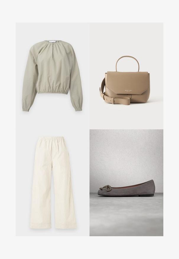 Beige cropped bluse med elasticiseret talje og manchetter, med en sammensamlet halsudskæring og letvægtigt, let struktureret stof.; Bukser med vide ben med beige og hvide lodrette striber, elastisk taljebånd og vandrette stribede manchetter mod en ensfarvet baggrund.; Grå ruskind balletflade sko med en rundet tå, et knyttet reb-detalje og en subtil kontrastkant langs kanten. Flad, fleksibel sål.; Beige struktureret håndtaske med topstrop og justerbar skulderrem, præget mærkenavn på frontklappen, tekstureret lædermateriale.