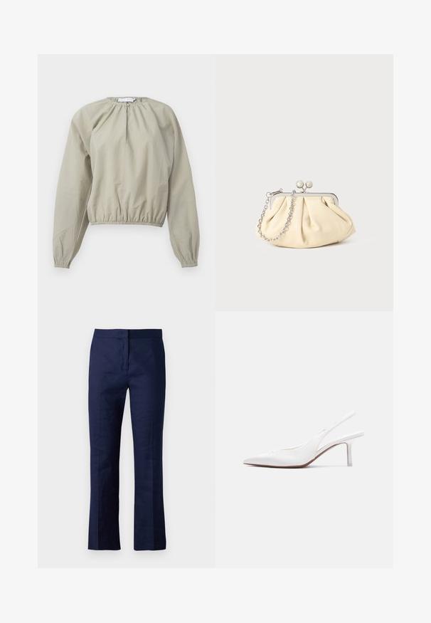 Beige cropped bluse med elasticiseret talje og manchetter, med en sammensamlet halsudskæring og letvægtigt, let struktureret stof.; Marineblå skræddersyede bukser lavet af et glat stof, der har et lige ben-design, frontfolder og en tætsiddende talje.; Hvid læder slingback damesko med spids tå, lav kittenhæl og lille dekorativ sløjfe på toppen, vist i sideprofil.; Plisseret beige læderclutch med en sølvmetalramme, der har to runde dekorative låse og en sølvkædetrasporte.
