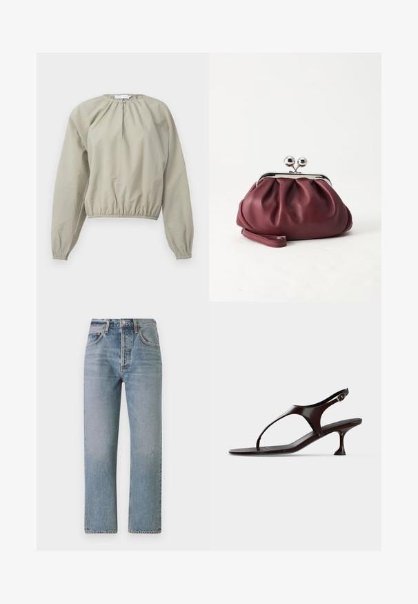 Beige cropped blouse met elastische taille en manchetten, voorzien van een geplooide halslijn en lichte, iets gestructureerde stof.; Lichtblauwe denim jeans met een rechte pasvorm, hoge taille en een klassiek vijf-pocketontwerp. Heeft subtiele vervaging en een ritssluiting.; Donkerbruine lakleren slingbacksandaal met kittenheel en teenbandje op witte achtergrond.; Kleine bordeauxrode leren clutch-portemonnee met zilverkleurige metalen sluiting en polsbandje op een witte achtergrond.