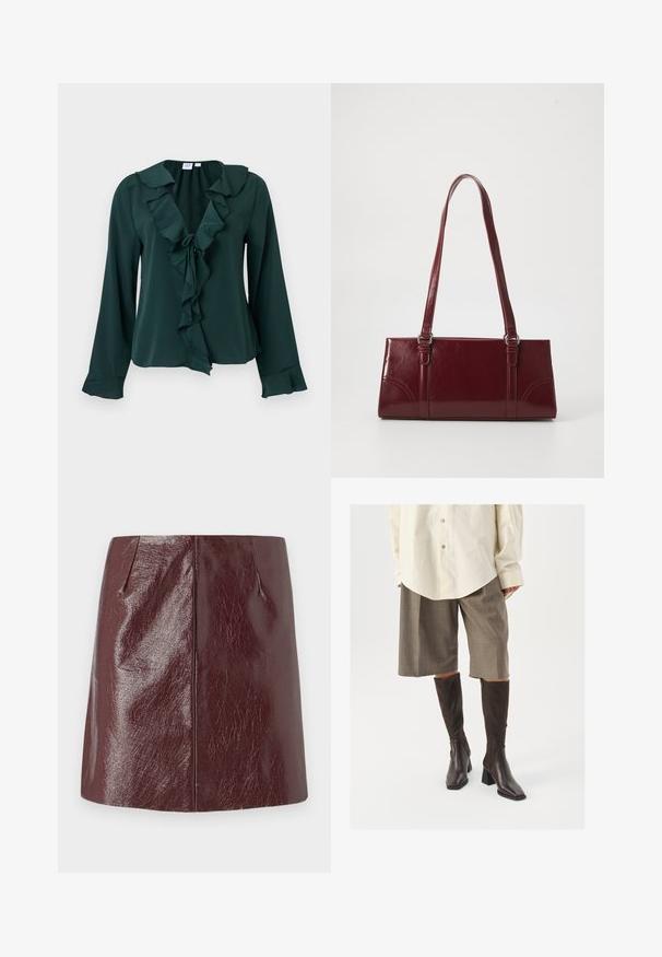 Donkergroene blouse met lange mouwen, gerimpelde V-hals en manchetten, strikdetail aan de voorkant en een licht losse pasvorm.; Vero Moda VMNELLY SKIRT - Minirok - wine tasting; Bruine kniehoge laarzen met een vierkante neus en blokhak, gecombineerd met een beige oversized shirt en bruine geruite culottes.; Bourgondische handtas van glanzend materiaal, rechthoekige vorm, met twee schouderbanden en subtiele gebogen accenten aan de voorkant.