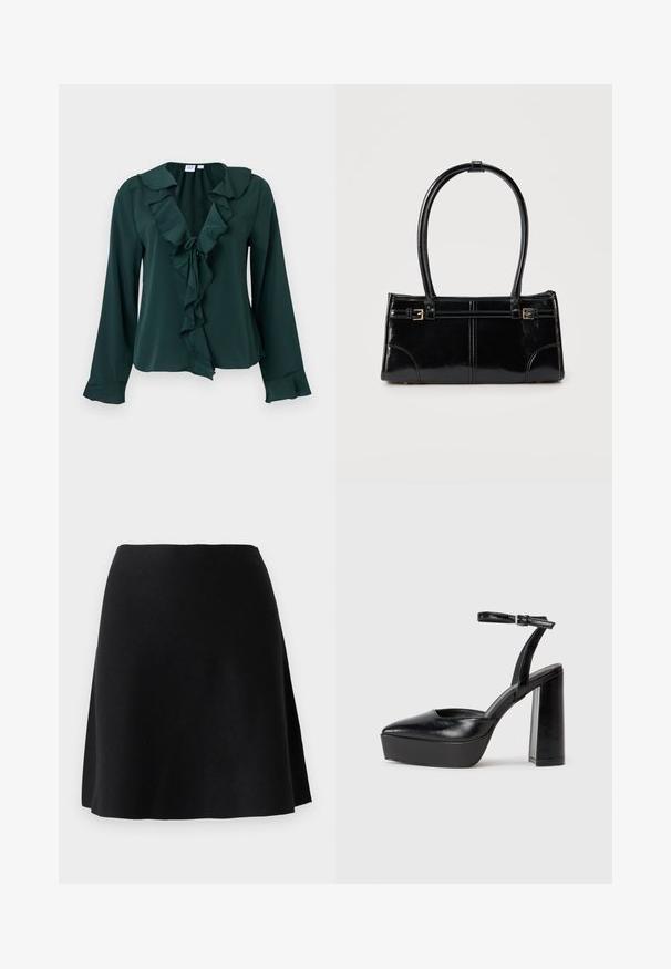 Blouse à manches longues vert foncé avec encolure en V volantée et poignets, détail noué à l'avant, et coupe légèrement ample.; Jupe en tricot noire au design évasé, avec une texture lisse et une taille, atteignant la longueur des genoux sans fermetures visibles.; Escarpins noirs à plateforme avec un bout pointu et une sangle réglable à la cheville. Conçus en cuir lisse, avec un large talon bloc.; Sac à main rectangulaire noir brillant avec deux fines bretelles et petits détails de boucles dorées à l'avant.