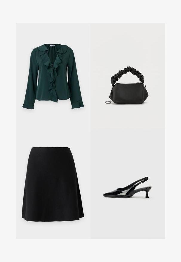 Blouse à manches longues vert foncé avec encolure en V volantée et poignets, détail noué à l'avant, et coupe légèrement ample.; Jupe en tricot noire au design évasé, avec une texture lisse et une taille, atteignant la longueur des genoux sans fermetures visibles.; Escarpins en cuir verni noir avec un bout pointu et un petit talon carré. Sangle réglable à la cheville avec boucle.; Sac à main noir de forme arrondie, fabriqué en matériau lisse. Doté d'une poignée douce et froncée ainsi que d'une bandoulière en chaîne métallique pour plus de polyvalence.