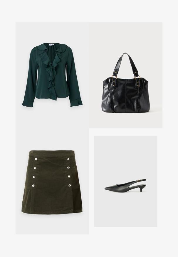 Blouse à manches longues vert foncé avec encolure en V volantée et poignets, détail noué à l'avant, et coupe légèrement ample.; Jupe en velours côtelé vert olive avec cinq boutons argentés à l'avant et une poche latérale, coupe droite et texture subtile.; Chaussure slingback noire à bout pointu en cuir lisse. Présente un talon fin et un détail de boucle sur la sangle réglable.; Sac à épaule en cuir noir avec double anses attachées par des anneaux et rivets dorés, surface lisse et légèrement brillante, design simple.