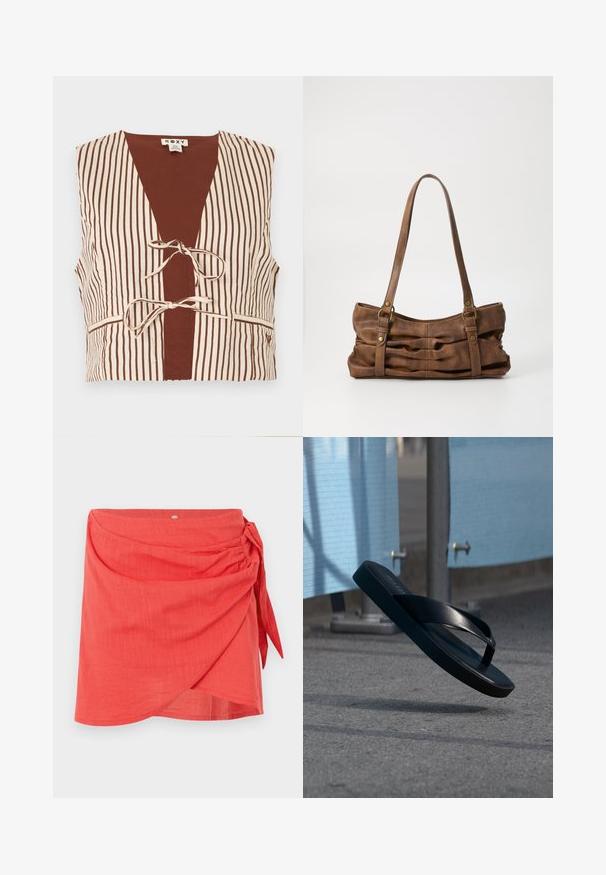 Ermeløs cropped vest med brune og hvite vertikale striper, to knytinger foran og kontrasterende ensfarget brunt innerpanel.; Korallfarget miniskjørt i omslagsstil med knute på siden og subtil teksturert stoff på ensfarget lys bakgrunn.; Svart flip-flop-sandal hengende i luften over asfalt, med blå tekstilpaneler og metallstolper i bakgrunnen.; Even&Odd Håndveske - brown