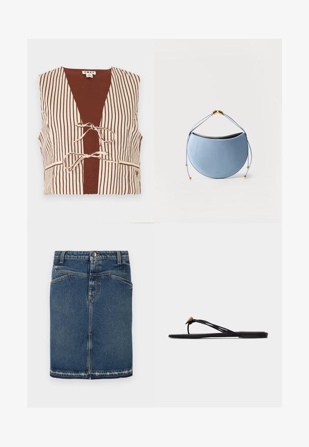 Mouwloos cropped vest met bruine en witte verticale strepen, twee striklinten aan de voorkant en een contrasterend effen bruin binnenpaneel.; Denimrok met een klassieke blauwe wassing, vijfzakkenontwerp en rafelige zoom. Sluit met een knoop en ritssluiting aan de voorkant.; Zwarte platte teensandaal met meerdere dunne bandjes en een kleine gouden druppelvormige decoratie op het voorste bandje.; Lichtblauwe tas in halvemaanvorm met dunne dubbele bandjes en gouden kralenaccenten op een effen witte achtergrond.