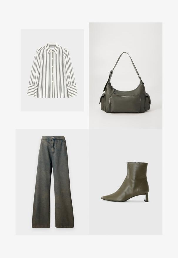 Witte, lange mouwen blouse met zwarte verticale strepen en een puntige kraag, plat gelegd op een lichte achtergrond.; Donkerblauwe jeans met wijde pijpen en een hoge taille, voorzien van een knoopsluiting aan de voorkant en een subtiele textuur. De stof lijkt lichtvervaagd.; Olijfgroene leren enkellaars met een spitse neus en een blokhak van 4 cm; gladde textuur en minimalistisch ontwerp met een ritssluiting.; Groene leren schoudertas met een gebogen ontwerp, met een ritsvak aan de voorkant en extra zijvakken. Gladde textuur en minimale hardware.