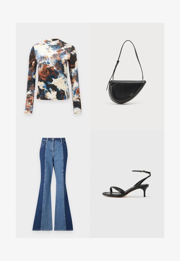 Blusa de manga larga en una mezcla de patrones abstractos en azul, marrón y crema. Tejido suave con un diseño ajustado y cuello alto.; Vaqueros acampanados con un diseño bi-tono en paneles de denim azul oscuro y claro, cierre frontal con botón y estilo clásico de bolsillos.; Sandalia negra de cuero para mujer con tiras finas, un lazo para el dedo del pie, hebilla en el tobillo y tacón de aguja de altura media sobre un fondo neutro.; Bolso de piel negra con forma de media luna, con textura suave, correa desmontable y una sutil marca dorada en el frontal.