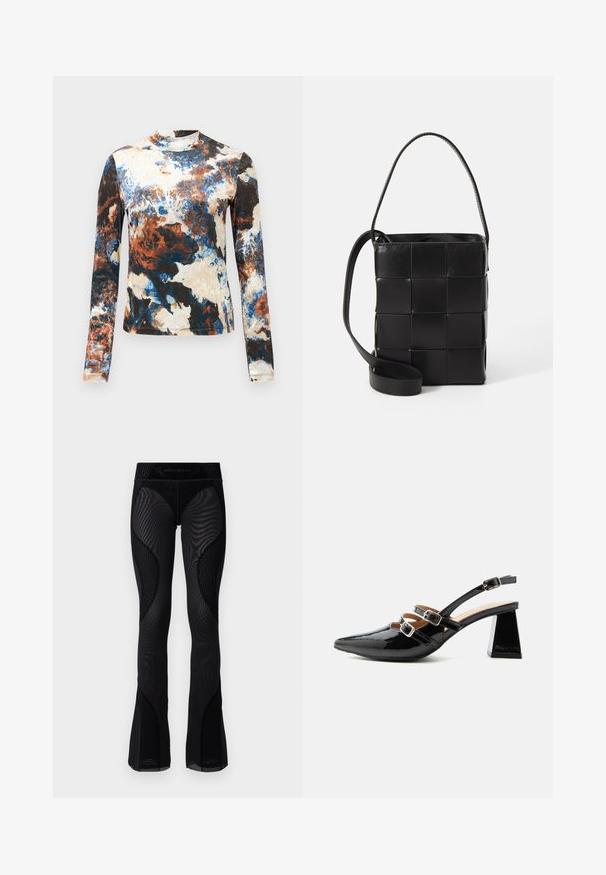 Blusa de manga larga en una mezcla de patrones abstractos en azul, marrón y crema. Tejido suave con un diseño ajustado y cuello alto.; Leggings acampanados de malla negra con detalles texturizados e inserciones estampadas. Presentan una cintura alta con el logotipo de la marca en la parte superior.; Tacón slingback de charol negro con dos cintas delanteras con hebilla y un tacón grueso y acampanado de 6 cm sobre un fondo claro y liso.; Bolso de cuero negro con diseño trenzado. Forma rectangular, con asa corta y correa ajustable. Textura suave con un acabado mate.