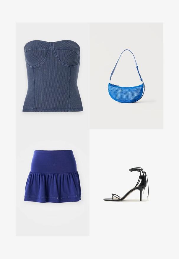 Marineblauwe strapless top van ribstof. Het heeft een gestructureerde lijfje, met stikseldetails en een slim-fit silhouet.; Navyblauwe tricotrok met een geraffineerde onderkant, een elastische tailleband en decoratieve geborduurde rand langs de zoom. Zacht, lichtgewicht materiaal.; Zwarte sandalen met hoge hak en dunne bandjes, enkelwikkel en een hak van gemiddelde hoogte op een witte achtergrond.; Blauwe mesh schoudertas met verstelbare riem en ritssluiting, getoond tegen een effen witte achtergrond.