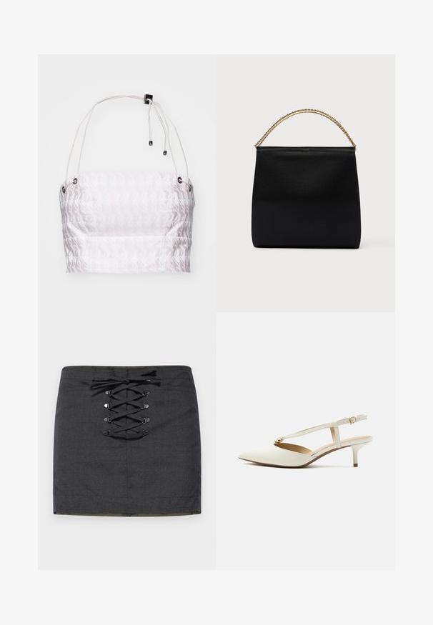 Hvid cropped top med et subtilt gentagende mønster. Har justerbare stropper og sølv hardware detaljer. Glat, letvægtigt stof.; Mørkegrå mini nederdel med snøredetalje foran og metallhardware. Glat tekstur, tætsiddende pasform og mid-rise talje.; Hvid spids tå slingback pumpe med lav stilet hæl og et gyldent dekorativt element på den forreste rem.; Sort taske lavet af glat stof, med en struktureret form, et håndtag med guld kæde og et minimalistisk geometrisk design.