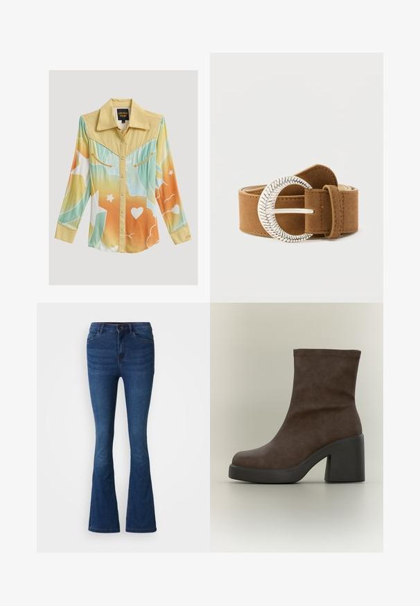 Langærmet western-skjorte med gul bærestykke, gradient i pastelblå, orange og hvide mønstre, trykknapper og dekorative pil-syninger på brystlommerne.; Mørkeblå denim flare jeans med for- og baglommer, knap- og lynlåslukning samt slidte detaljer på lår og knæ.; Brun ruskind ankle boot med tyk sort platformsål og chunky høj hæl på neutralt baggrund.; Tanfarvet ruskindsbælte med spænde i tekstureret sølv formet som en halvmåne. Har en glat underside og forstærkede sømme langs kanterne.