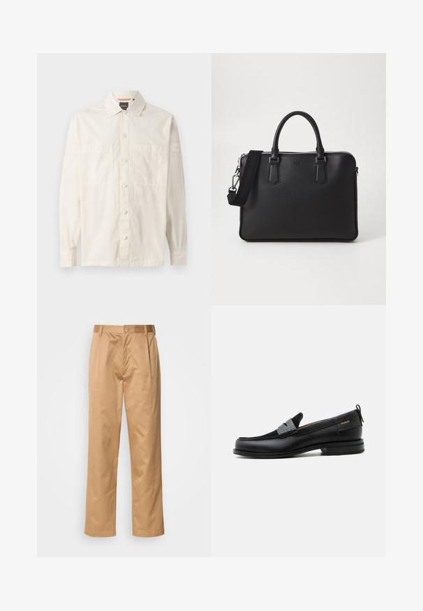 Beige Langarmshirt aus leichtem Stoff, mit durchgängigem Knopfverschluss, zwei Brusttaschen und einem Markenetikett am Ärmel.; Khaki-Hosen aus Baumwollmischung, im geraden Schnitt, mit Vorderfalten, Gürtelschlaufen und Knopfverschluss. Glatte Textur ohne Muster.; Schwarzer Lederloafer mit grauem Riemendetail, niedrigem Absatz und strukturierter Sohle, seitlich mit „HUGO“ in Gold gebrandmarkt.; Schwarze Ledertasche mit strukturierten Oberflächen, zwei Griffen und einem abnehmbaren Schultergurt. Verfügt über silberne Reißverschlüsse und minimalistische Designelemente.