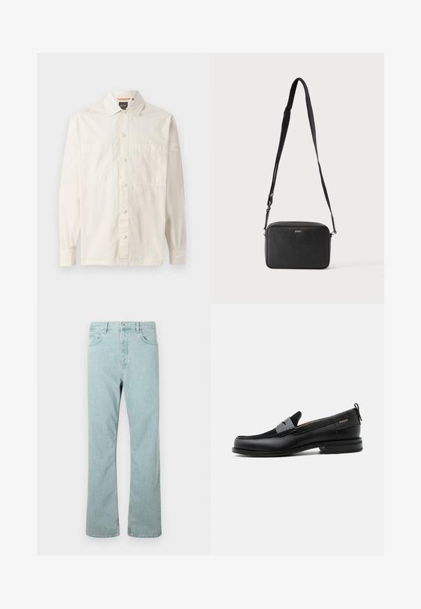 Beige Langarmshirt aus leichtem Stoff, mit durchgängigem Knopfverschluss, zwei Brusttaschen und einem Markenetikett am Ärmel.; Hellblaue Jeans aus Denim mit geradem Schnitt, fünf Taschen und einem einzigen Knopfverschluss. Abgerundet mit dezenten Steppdetails.; Schwarzer Lederloafer mit grauem Riemendetail, niedrigem Absatz und strukturierter Sohle, seitlich mit „HUGO“ in Gold gebrandmarkt.; Schwarze rechteckige Umhängetasche mit verstellbarem Riemen und BOSS-Logo auf der Vorderseite, vor einem einfarbigen hellen Hintergrund.
