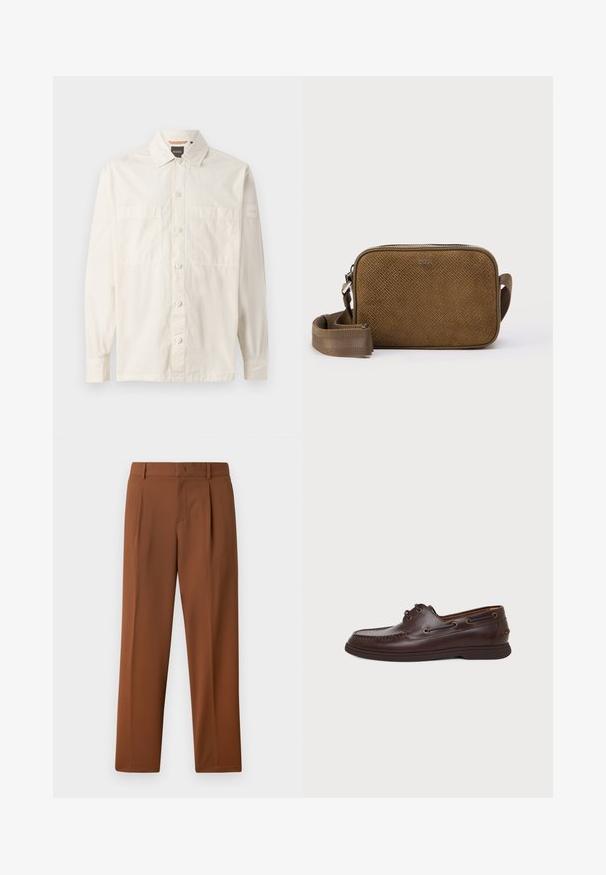 Beige Langarmshirt aus leichtem Stoff, mit durchgängigem Knopfverschluss, zwei Brusttaschen und einem Markenetikett am Ärmel.; Braune Hosen mit einer glatten, matten Textur, mit Bundfalte und geraden Beinen. Hergestellt aus leichtem, atmungsaktiven Stoff.; Dunkelbrauner Leder-Bootsschuh mit Schnürösen, Mokassin-Naht am Vorderfuß und flacher Gummisohle auf schlichtem hellem Hintergrund.; Braune Wildleder-Umhängetasche mit strukturierter Oberfläche, rechteckiger Form, vorderseitigem Logodetail und verstellbarem Stoffriemen. Silberne Metallakzente.