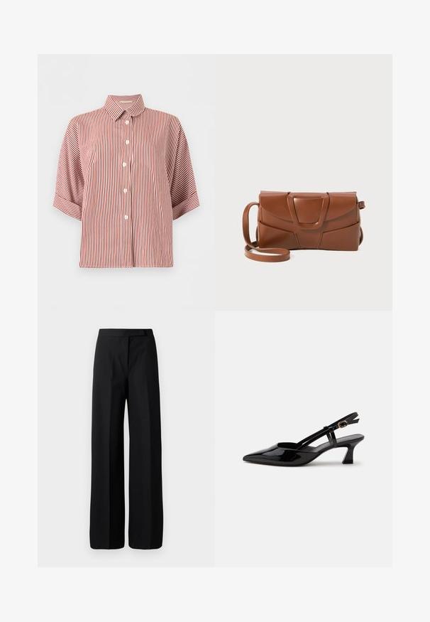 Chemise à manches courtes rayée verticalement rouge et blanche, boutonnée, avec un col classique.; Pantalons noirs à jambe large avec une texture lisse et mate. Ceinture plate sans matériel ni motifs visibles. Design simple et élégant.; Chaussure slingback en cuir verni noir à petit talon, bout pointu et bride réglable avec boucle dorée sur fond blanc.; Sac à main en cuir marron au design élégant, avec un rabat structuré, un fermoir marqué et une bandoulière réglable pour plus de polyvalence.