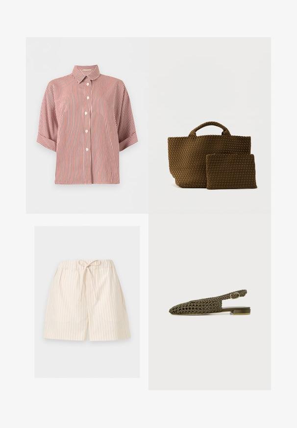Chemise à manches courtes rayée verticalement rouge et blanche, boutonnée, avec un col classique.; Short beige clair à fines rayures verticales et taille élastique nouée devant en un nœud, présenté sur fond blanc.; Chaussure slingback plate tissée vert olive avec un petit talon carré et une bride à boucle dorée réglable.; Sac fourre-tout tressé marron avec deux anses et une petite pochette assortie, présentant un design texturé et une forme rectangulaire.