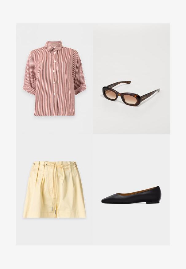 Chemise à manches courtes rayée verticalement rouge et blanche, boutonnée, avec un col classique.; Shorts taille haute jaune clair avec plis devant et taille à cordon featuring des œillets métalliques et des embouts métalliques aux extrémités.; Chaussure plate en cuir noir à bout pointu avec talon bas et finition lisse, vue de côté sur un fond gris clair.; Lunettes de soleil en écaille de tortue avec une monture lisse et surdimensionnée. Verres dégradés et logo doré en accent sur les branches. Branches courbées.