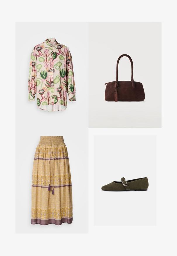 Langærmet skjorte med let stof og et farverigt mønster af blomster og blade i grøn, pink og beige. Knappelukning foran og klassisk krave.; Gul maxi-nederdel med smock-liv, blomster- og geometriske mønstre i hvid og lilla, med to lilla kvaster ved livet.; Æblegrøn ruskind Mary Jane flad sko med sølvspænde og rundet tå, vist på en hvid baggrund.; Mørkebrun ruskindshåndtaske med to lange håndtag og en lille fastgjort tag, sat mod en ensfarvet lys baggrund.