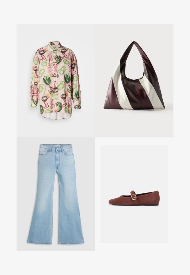Camisa de manga larga con tela ligera y un colorido estampado de flores y hojas en verde, rosa y beige. Frente con botones y cuello clásico.; Vaqueros acampanados de color azul claro con una cintura alta, hechos de mezclilla. Presentan un diseño clásico de cinco bolsillos y un acabado sin rematar en los puños.; Zapato plano Mary Jane de gamuza marrón con una correa de hebilla dorada y suela negra sobre fondo blanco.; Bolso grande de cuero triangular con amplias rayas diagonales en colores marrón oscuro, burdeos y crema sobre un fondo liso.