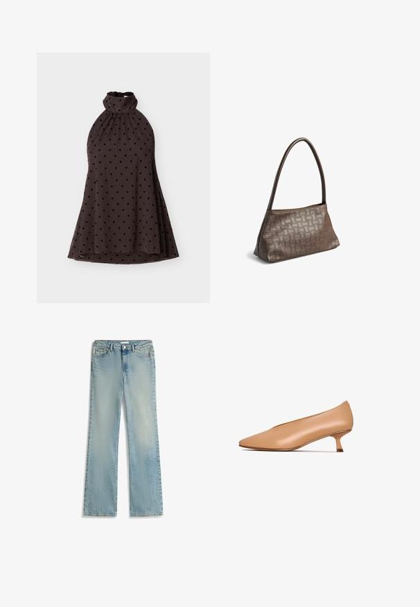 Vestido sin mangas de color marrón oscuro con cuello halter alto y lunares negros, diseño fluido en línea A, presentado plano sobre fondo blanco.; Jeans de mezclilla azul claro con un diseño de pierna acampanada, cinco bolsillos y un cierre de botón en la cintura. La tela presenta una textura desvanecida.; Zapato de tacón desnudo de cuero con punta afilada, tacón bajo y textura suave. Diseño minimalista sin patrones ni detalles de hardware visibles.; Bolso de mano de cuero marrón con un estampado cuadrado texturizado y una única correa de hombro curva, mostrado sobre un fondo blanco.