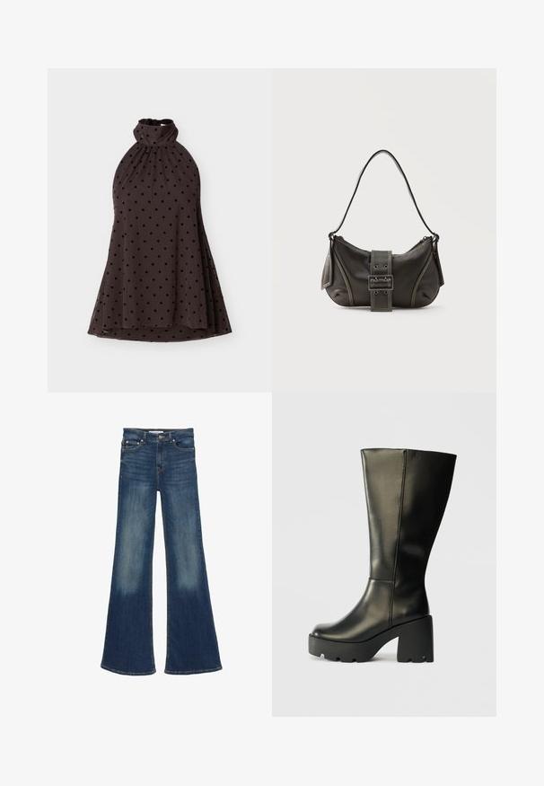 Robe marron foncé sans manches à col licou haut avec pois noirs, design fluide en ligne A, présentée à plat sur fond blanc.; Jean en denim bleu foncé taille haute avec jambes évasées larges et zones décolorées sur les cuisses et le bas des jambes.; Botte noire en cuir jusqu'au genou avec un épais talon plateforme texturé noir. Présente une surface lisse et un design vertical épuré.; Sac à épaule en cuir noir avec une sangle à boucle, des bords arrondis et des coutures blanches contrastées sur un fond uni.