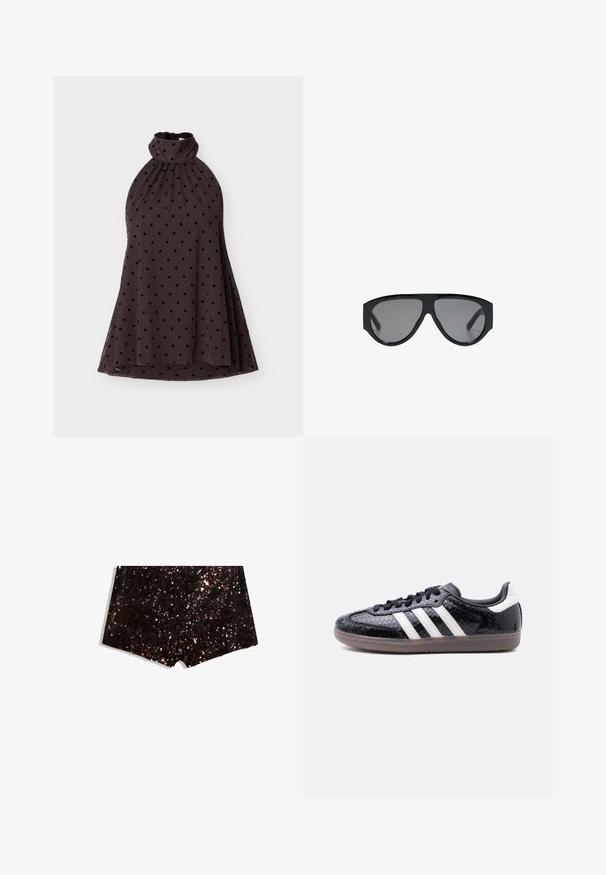 Robe marron foncé sans manches à col licou haut avec pois noirs, design fluide en ligne A, présentée à plat sur fond blanc.; Shorts en sequins dans des teintes noires et bronzées, présentant une surface texturée avec un éclat scintillant et un ourlet droit.; Baskets noires profilées avec motif en relief imitation peau de serpent, bandes blanches sur le côté, lacets noirs et semelle translucide marron.; Lunettes de soleil aviateur noires oversize avec des verres teintés foncés, affichées sur fond blanc.