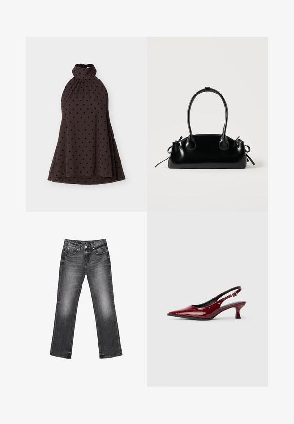Ärmelloses, dunkelbraunes Kleid mit Neckholder und hohem Kragen, schwarzer Tupfenmuster, fließendes A-Linien-Design, flach auf weißem Hintergrund dargestellt.; Schwarze Denim-Jeans mit geradem Bein, verblasstem Design und fünf Taschen. Mit Gürtelschlaufen und Reißverschluss.; Burgunderfarbene Lackleder Slingback-Absätze mit spitzem Zehenbereich und schlankem Stiletto-Absatz. Offenes Rückendesign mit verstellbarem Knöchelriemen.; Kleine schwarze glänzende Handtasche mit zwei langen Griffen und seitlichen Kordelzug-Details vor einfachem hellem Hintergrund.
