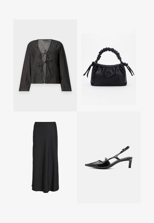 Blusa ligera negra de manga larga, con escote en V y cierre de lazo en la parte delantera. Textura suave, diseño simple y sin patrones visibles.; Falda larga negra confeccionada en una tela suave y ligera. Presenta una silueta sencilla en línea A con un dobladillo ligeramente acampanado y sin cierres visibles.; Zapato slingback de charol negro con punta puntiaguda, tacón bajo y dos correas ajustables con hebillas, mostrado de perfil lateral.; Bolso negro con textura de cocodrilo, borde superior fruncido, asa recogida y cordones con borlas en cada lado sobre un fondo blanco.
