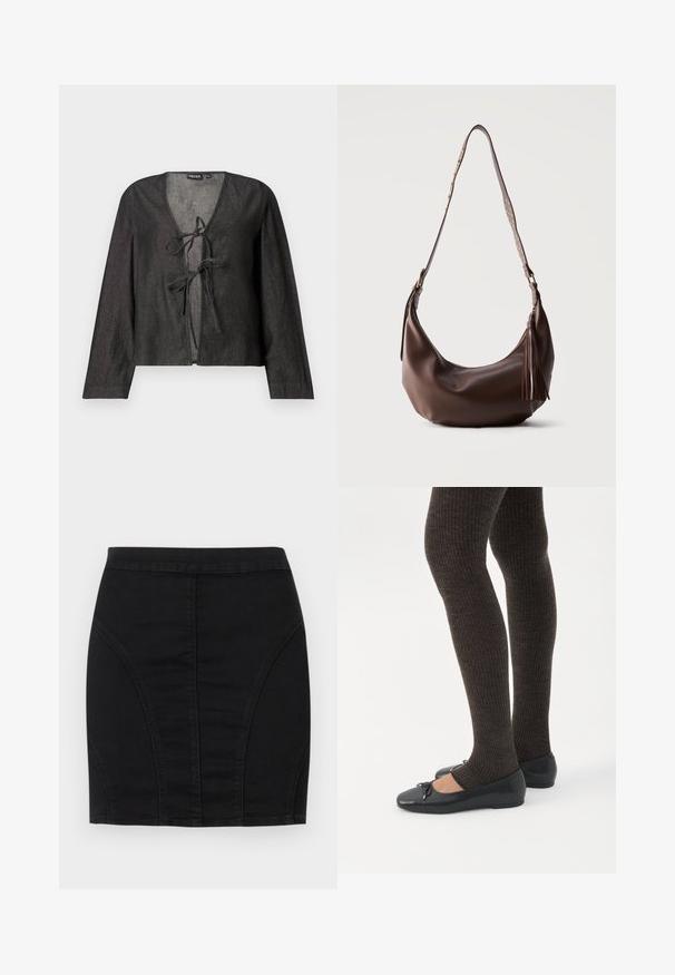 Μαύρη ελαφριά μπλούζα με μακριά μανίκια, V-neck και δέσιμο μπροστά. Λείος υφαντός, απλός σχεδιασμός και χωρίς ορατά μοτίβα.; Μαύρη τζιν μίνι φούστα με εφαρμοστή σχεδίαση, δομημένες πάνελ και ορατές ραφές για πρόσθετη λεπτομέρεια. Λείο υλικό και κομψή σιλουέτα.; Πόδια με σκουρόχρωμα ριμπ κολάν συνδυασμένα με μαύρα μπαλαρίνα παπούτσια με μικρές λεπτομέρειες φιόγκων σε λευκό φόντο.; Καφέ δερμάτινη τσάντα ώμου με χρυσά καρφιά στο λουρί και δερμάτινο φούντα στη φερμουάρ, εμφανιζόμενη σε απλό φόντο.
