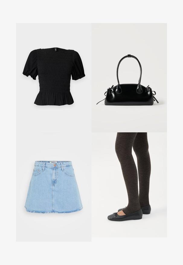Top negro texturizado de manga corta con mangas abullonadas, cuerpo fruncido, escote cuadrado y volante en el bajo sobre un fondo claro.; Falda de mezclilla azul claro con forma acampanada, diseño de cinco bolsillos y dobladillo sin terminar. Presenta un cierre frontal con botones y trabillas para cinturón.; Piernas con leggings oscuros acanalados combinados con bailarinas negras que presentan pequeños detalles de lazo sobre un fondo blanco.; Pequeño bolso negro brillante con dos asas largas y detalles de cordón lateral sobre un fondo claro liso.