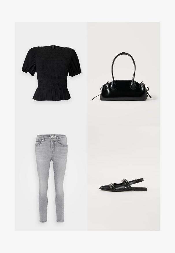 Zwart getextureerd topje met korte mouwen, opgeblazen mouwen, geplooid lijfje, vierkante halslijn en ruches aan de zoom tegen een lichte achtergrond.; Lichtgrijze skinny jeans van denim, met een standaard ontwerp van vijf zakken, taillebandlussen en een knoopsluiting.; Even&Odd by Zalando Slingback ballerina´s - black; Kleine zwarte glanzende handtas met twee lange hengsels en zijkant trekkoord details op een effen lichte achtergrond.