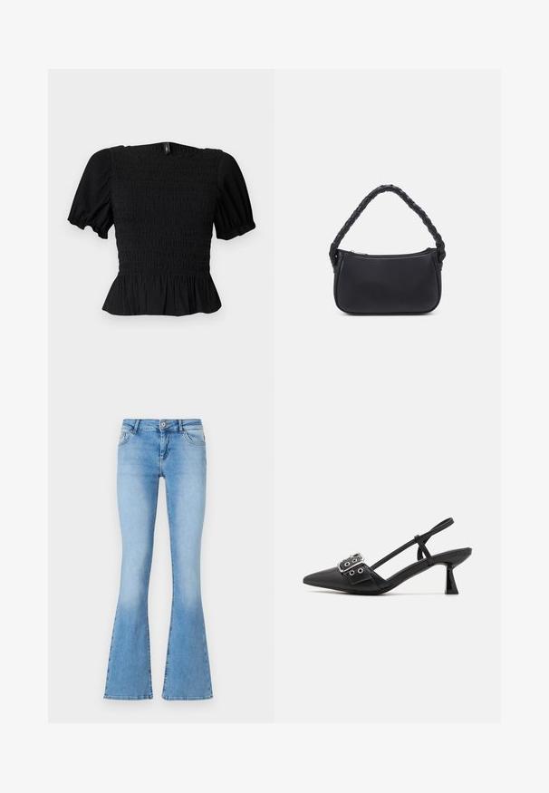 Sort tekstureret kortærmet top med puffede ærmer, smocket kropsstykke, firkantet halsudskæring og flæsekant mod en lys baggrund.; Lysblå flagrende jeans lavet af denim med midt-høj talje, med forlommer og syninger langs sømme og kanter.; Simmi London DALA - Pumps - black; Sort håndtaske med en rund form, lavet af glat materiale. Har et flet håndtag og en lynlåslukning for sikker opbevaring.