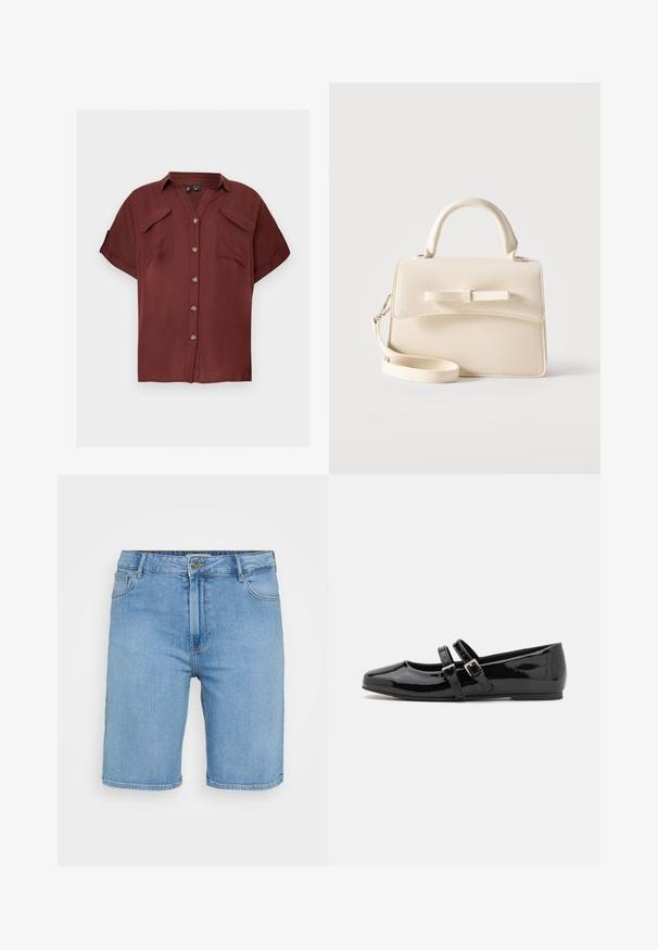 Braunes Kurzarmhemd mit Knopfleiste, zwei Brusttaschen und Kragen, auf schlichtem hellgrauem Hintergrund dargestellt.; Helles blaues Denim-Shorts mit klassischem Schnitt, ausgestattet mit einem vorderen Knopfverschluss, Gürtelschlaufen und zwei Seitentaschen. Glatte Textur und gerader Saum.; Schwarze Lacklederschuhe mit einer viereckigen Zehe, ausgestattet mit zwei verstellbaren Schnallenriemen über dem Mittelfuß und einer flachen, niederen Sohle.; Kleine beige Handtasche mit Tragegriff oben, abnehmbarem Riemen, vorderer Klappe und dekorativer horizontaler Schleife vor einfarbigem Hintergrund.