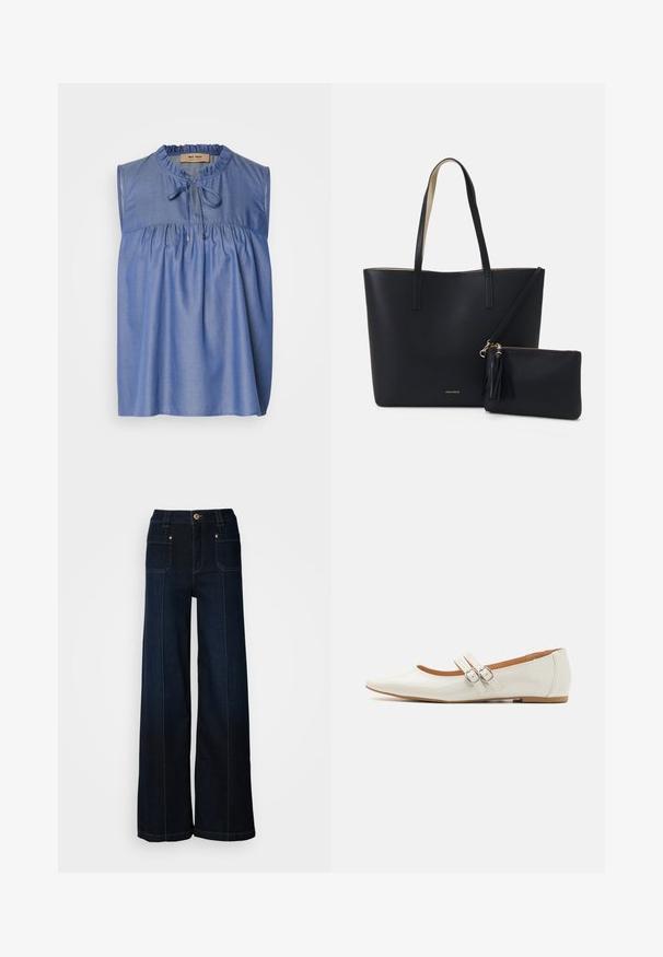 Blouse sans manches bleue en tissu léger, avec un corsage froncé, un col à volants et une fermeture à nouer à l'avant.; Jean en denim à jambes larges de couleur bleu foncé. Dispose de poches avant, de quincaillerie dorée et de coutures contrastées. Texture lisse avec un design décontracté.; Ballerines en cuir verni blanc avec un bout pointu, deux sangles décoratives avec des boucles en argent, et une semelle marron discrète.; Sac fourre-tout noir avec un matériau texturé, deux longues anses et une pochette zippée amovible avec un détail de pompon. Logo de la marque en orvisible.
