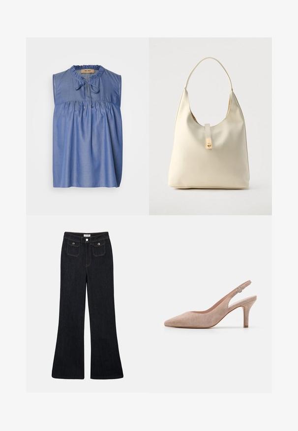 Blaue ärmellose Bluse aus leichtem Stoff, mit gerafftem Oberteil, Rüsche am Ausschnitt und einer Bindeschließe vorne.; Schwarze, ausgestellt geschnittene Jeans aus Denim mit hoher Taille, zwei Fronttaschen und orangefarbenen Nähten. Das Material wirkt robust und glatt.; Slingback-Pumps aus weichem beigem Wildleder, mit spitzer Zehenform, schlankem Absatz und verstellbarem Knöchelriemen mit einer runden Schnalle.; Hobo-Tasche aus cremefarbenem Leder mit einem einzelnen Schulterriemen, glatter Textur und einem goldfarbenen Verschlussdetail an der Vorderseite.