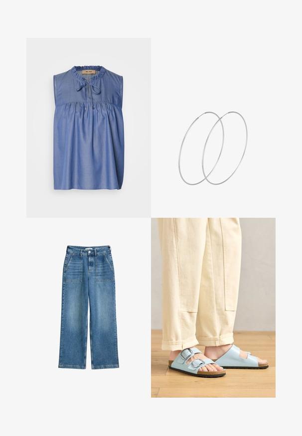 Blauwe mouwloze blouse van lichtgewicht stof, met een geraffineerde stof, ruches bij de halslijn en een striksluiting aan de voorkant.; Hoge taille wijde spijkerbroek in blauw denim, met voorzakken, riemlussen en een sluiting met knoop en rits aan de voorkant.; Lichtblauwe open-toe sandalen met dubbele gespen, kurken voetbed en zwarte rubberen zool, gedragen bij crèmekleurige wijde broek.; Zilveren hoepel oorbellen met een minimalistisch ontwerp. Cirkelvormig, gladde textuur en dun profiel. Lichtgewicht met een gepolijste afwerking.