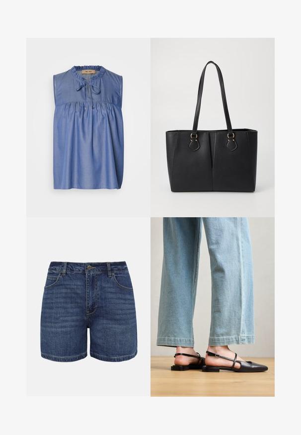 Blå ærmeløs bluse lavet af letvægtsstof, med en samlet skæring ved brystet, flæseudskæring og en snøre-lukning foran.; Mørkeblå denimshorts med knaplukning foran, lynlås, bæltestropper og forlommer, vist mod en hvid baggrund.; Sorte læder slingback-sko med spidse tæer, flad hæl og ankelrem; båret med lyseblå viddebenede jeans.; Sort faux læder tote taske med en tekstureret finish, to lange håndtag og hardware i guld tone-accenter på siden. Rektangulær form.