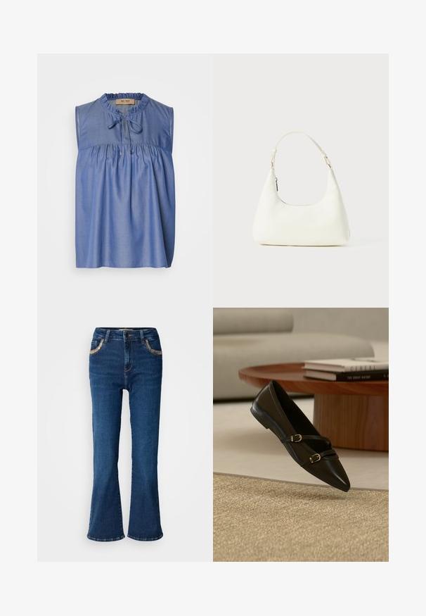 Blauwe mouwloze blouse van lichtgewicht stof, met een geraffineerde stof, ruches bij de halslijn en een striksluiting aan de voorkant.; Donkerblauwe uitlopende jeans met een gladde denimtextuur, contrasterende gouden stiksels en voorzakaccenten. Klassiek vijf-pocketontwerp.; Zwarte platte schoen met puntige neus en twee dunne gespspanners die boven een beige tapijt zweven, met een houten salontafel en boeken op de achtergrond.; Kleine witte schoudertas met een enkele verstelbare schouderband en een ritsafsluiting, geplaatst tegen een effen witte achtergrond.