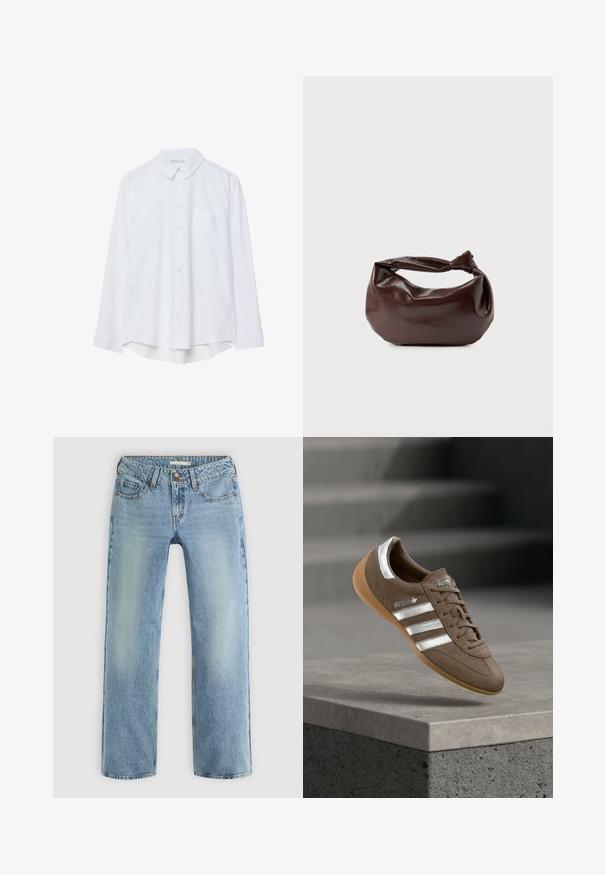 Chemise blanche à manches longues, à boutons, avec col et poche poitrine unique, ourlet légèrement incurvé, présentée sur un fond blanc.; Jeans droits bleu clair en denim, dotés d'une fermeture à bouton, de cinq poches et d'un léger dégradé le long des jambes.; Baskets en daim marron avec des rayures blanches et des accents argentés, dotées d'une tige texturée, d'un système de laçage et d'une semelle en caoutchouc gomme.; Sac bandoulière en cuir marron foncé avec une forme souple et décontractée et une anse nouée torsadée sur un fond blanc uni.