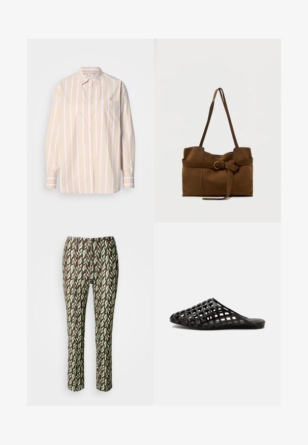 Camisa beige de manga larga con rayas verticales en rosa y blanco, cierre frontal con botones, cuello clásico, bolsillo único en el pecho y puños abotonados.; Pantalones de color marrón y verde con un diseño de hojas, de corte ajustado, con una textura suave y sin cremalleras ni bolsillos visibles.; Sandalia negra tipo slip-on con punta puntiaguda y diseño de recorte en forma de rejilla, suela plana y talón abierto sobre un fondo liso.; Bolso de hombro de ante marrón con correas largas y un cinturón decorativo delantero con hebilla dorada sobre un fondo liso.